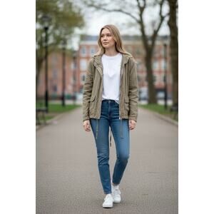 CAT Vintage Cotton Utility Hooded Jacket Tan Cropped Zip Front Workwear‎